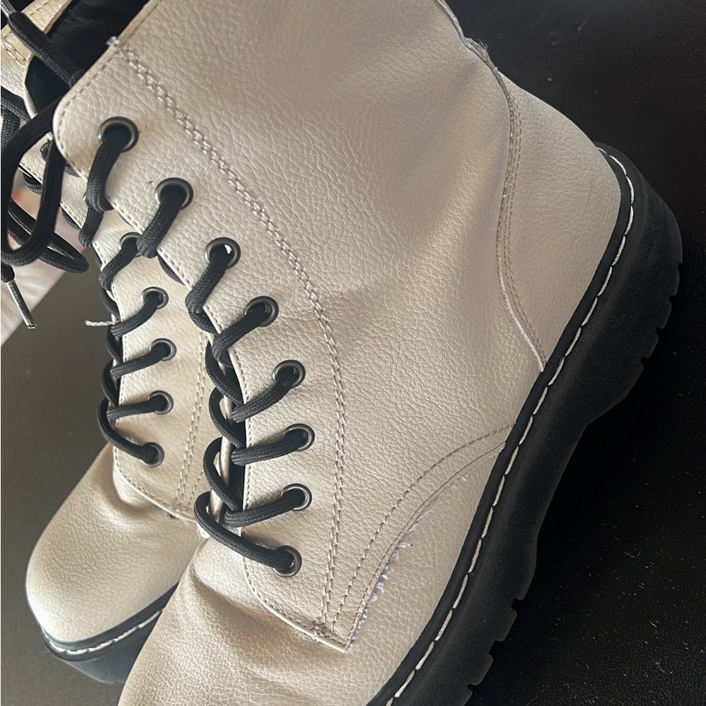 Cream Lace-Up Combat Boots with Black Sole. Sincerely jules